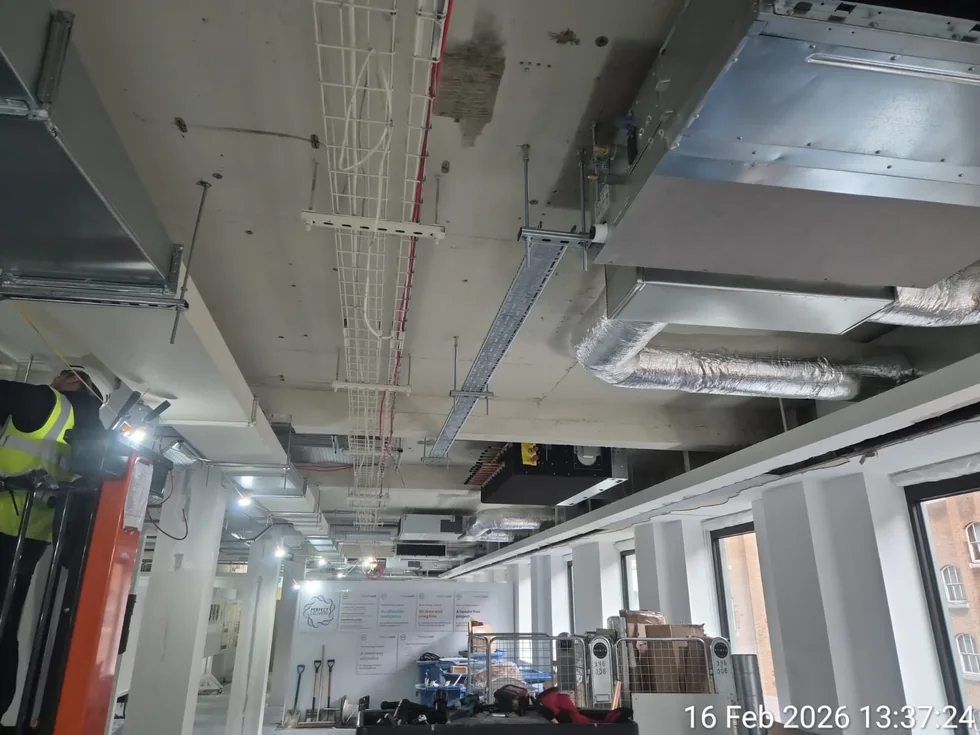A wide view of an office installation in progress.