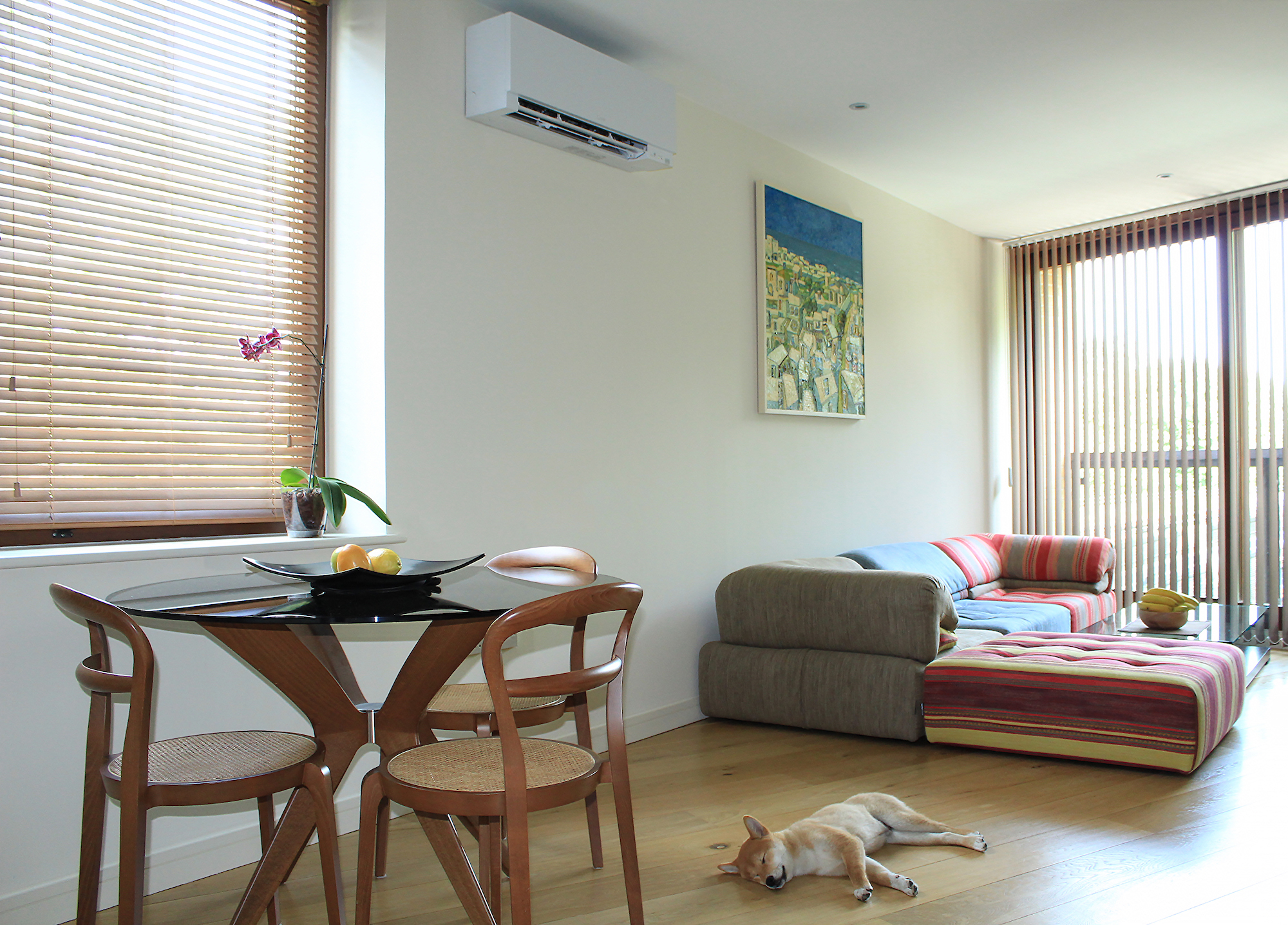 Wall-mounted air conditioning in a bright living and dining room
